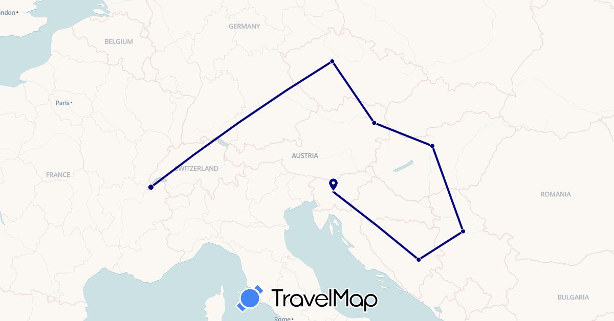 TravelMap itinerary: driving in Austria, Bosnia and Herzegovina, Switzerland, Czech Republic, Hungary, Serbia, Slovenia (Europe)